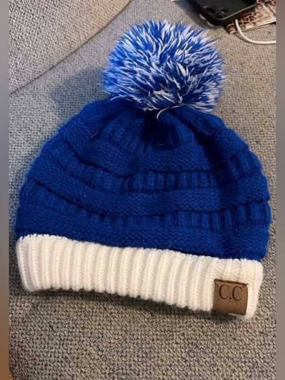 C.C Blue & White Pom Beanie - Cozy Winter Hat
